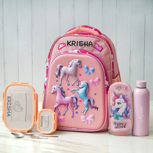 Personalised Medium Unicorn Backpack Combo - Peach