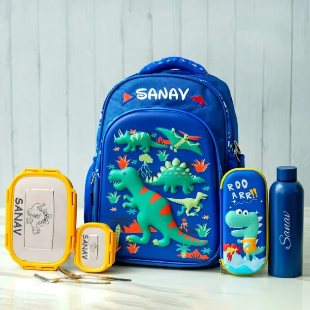 Personalised Premium Medium Backpack Combo - Dinosaur Blue