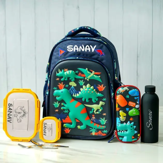 Personalised Premium Medium Backpack Combo - Dinosaur Navy