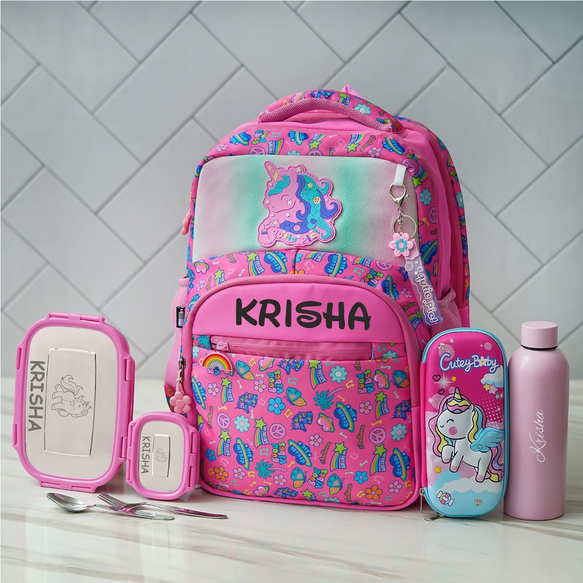 Personalised Unicorn Holographic Backpack Combo - Pink